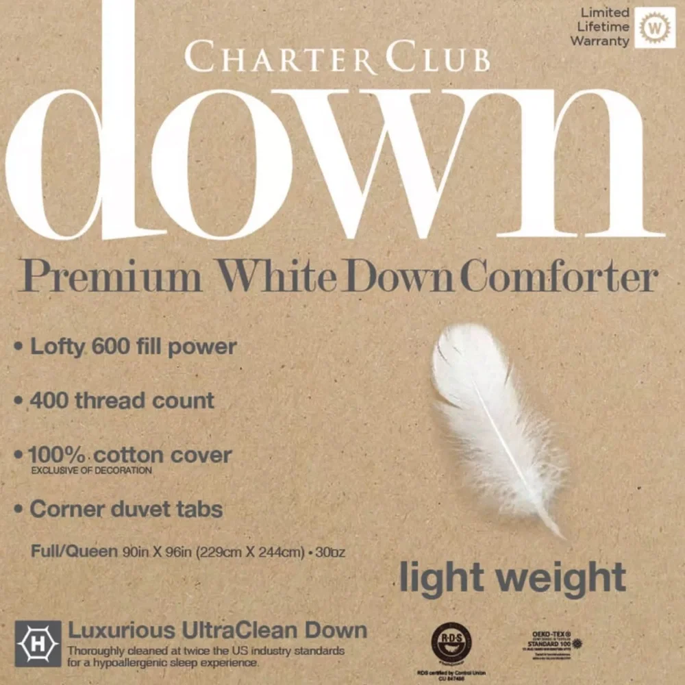 Charter Club White Down Lightweight Comforter Full/Queen White